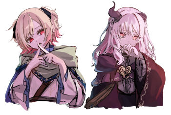 Rule 34 | 1girl, 1other, akiyama mizuki, aogu yozora ni hoshi wa magirete (project sekai), blonde hair, boku no ashiato kimi no yukusaki (project sekai), braid, broken horn, cape, center frills, closed mouth, commentary, covering own mouth, cropped torso, demon horns, frilled sleeves, frills, gradient hair, green cape, grey shirt, half up braid, hand over own mouth, highres, horns, long hair, long sleeves, looking at viewer, medium hair, multicolored hair, official alternate costume, official alternate hair length, official alternate hairstyle, parted lips, pink hair, project sekai, red eyes, rimu 1112, shirt, simple background, tenma saki, three-quarter sleeves, two side up, white background, white hair, x fingers