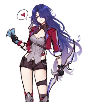 1girl aqua_eyes black_shorts breasts cleavage closed_mouth commentary_request corrupted_twitter_file cropped_jacket genderswap genderswap_(mtf) grey_shirt hair_over_one_eye heart highres holding holding_money holding_weapon honkai:_star_rail honkai_(series) jacket jhenny345 long_hair looking_at_viewer medium_breasts money purple_hair red_jacket sampo_koski shirt short_shorts shorts smile solo spanish_commentary spoken_heart thighs very_long_hair weapon