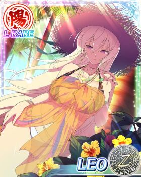 Rule 34 | 1girl, aquarius (symbol), aries (symbol), bikini, black bikini, blonde hair, blue sky, blush, border, breasts, cancer (symbol), capricorn (symbol), card (medium), character name, cleavage, coconut, coconut tree, cowboy shot, day, dodecagram, earrings, flower, game cg, gem, gemini (symbol), gold earrings, gold necklace, groin, hair between eyes, hand on own hip, hat, hibiscus, holding, holding removed eyewear, hoop earrings, jewelry, large breasts, leaf, leo (senran kagura), leo (symbol), libra (symbol), light particles, light rays, linea alba, long hair, looking at viewer, micro bikini, multiple necklaces, navel, necklace, official art, orange shawl, outdoors, palm leaf, palm tree, parted lips, pendant, pisces (symbol), print bikini, purple eyes, sagittarius (symbol), school emblem, scorpio (symbol), see-through clothes, see-through shawl, senran kagura, senran kagura new wave, shawl, shiny skin, side-tie bikini bottom, sky, solo, straw hat, sunbeam, sunlight, swimsuit, taurus (symbol), third-party source, tree, tropical, unworn eyewear, very long hair, virgo (symbol), white bikini, white gem, yellow flower, zodiac wheel