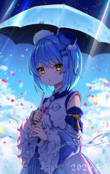 Rule 34 | 1girl, above clouds, artist name, blue hair, blue sky, blue sleeves, blue umbrella, cloud, commentary request, confetti, cowboy shot, dated, day, detached sleeves, dress, fur-trimmed sleeves, fur trim, hair intakes, hair ornament, hairclip, highres, holding, holding umbrella, lens flare, light particles, light rays, looking ahead, looking at viewer, natsume k, one side up, original, parted lips, pink ribbon, pom pom (clothes), pom pom hair ornament, ribbon, short hair, sidelocks, single bare shoulder, sky, sleeveless, sleeveless dress, solo, sunbeam, sunlight, twitter username, umbrella, water, white dress, wide sleeves, yellow eyes