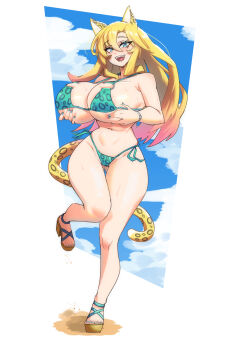 1girl animal_ears animal_print armpits bikini blonde_hair blue_eyes breasts cleavage colored_tips commission florida_bikini full_body gluteal_fold grabbing_own_breast green_bikini groin hair_between_eyes highres konaloid large_breasts light_blush long_hair looking_at_viewer multicolored_hair nail_polish navel open_mouth original platform_sandals sandals smile solo standing standing_on_one_leg stomach swimsuit tail teeth tiger_ears tiger_girl tiger_print tiger_tail toenail_polish toenails