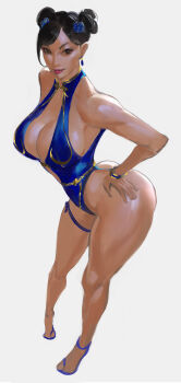 1girl alternate_costume ass back bare_legs bare_shoulders blue_one-piece_swimsuit bracelet brown_hair capcom chun-li curvy double_bun full_body hair_bun highleg highleg_one-piece_swimsuit highres huge_ass jewelry looking_at_viewer mashingvaquita official_alternate_costume one-piece_swimsuit outdoors parted_lips shiny_skin skindentation smile solo standing street_fighter street_fighter_6 swimsuit thighlet thong_one-piece_swimsuit wide_hips