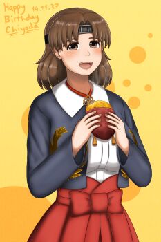 animal_print bird_print birthday blazer blouse blush breasts brown_eyes brown_hair chibiosaka chips_(food) chiyoda_(kancolle) food hakama hakama_skirt headband holding holding_food jacket kantai_collection looking_at_viewer medium_hair open_mouth potato_chips roasted_sweet_potato shirt skirt smile sweet_potato tassel yellow_background
