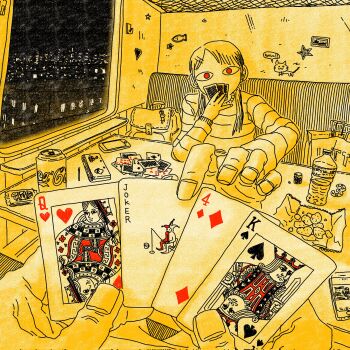 1girl :3 bag can card cellphone chips_(food) city_lights clothes_hanger coca-cola commentary_request covered_mouth drink_can food hair_over_shoulder highres joker_(playing_card) king_(playing_card) king_of_spades kitkat limited_palette long_hair looking_at_viewer night original phone playing_card potato_chips pov pov_hands queen_(playing_card) queen_of_hearts_(playing_card) reaching reaching_towards_viewer red_eyes ryaw smartphone soda_can spade_(shape) table train_interior twintails window yellow_theme