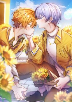 2boys aoyagi_touya blue_eyes blue_hair blush breast_pocket brown_pants closed_mouth cloud collared_shirt commentary_request fingernails flower hair_flower hair_ornament hand_on_another&#039;s_cheek hand_on_another&#039;s_face highres jewelry long_sleeves looking_at_another male_focus mole mole_under_eye multicolored_hair multiple_boys necklace nozu63 official_alternate_costume open_clothes open_shirt orange_hair pants pocket profile project_sekai ring shinonome_akito shirt short_hair smile squatting sunflower sunflower_hair_ornament sweater sweater_vest the_vivid_old_tale_(project_sekai) turtleneck two-tone_hair white_sweater yaoi yellow_eyes