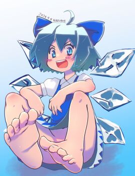 1girl absurdres artist_name bare_legs barefoot blue_bow blue_dress blue_eyes blue_hair blush blush_stickers bow cirno cirno_day convenient_leg dated dress feet foot_focus foreshortening gradient_background hair_bow highres ice ice_wings kazuboh looking_at_viewer no_panties open_mouth ribbon short_hair short_sleeves simple_background smile soles solo toes touhou wings
