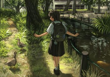 1girl absurdres animal anko1127 backpack bag bag_charm bench bird black_eyes brown_bag brown_shoes building bush catfish charm_(object) closed_mouth commentary_request day duck fence fish from_behind full_body grass highres loafers looking_at_animal looking_to_the_side medium_skirt original outdoors outstretched_arms park path pleated_skirt profile railing road scenery shirt shoes short_hair short_sleeves skirt smile socks solo stream tall_grass tree walking water white_shirt white_socks