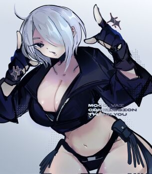 1girl angel_(kof) blue_eyes breasts curvy gloves hands_up highres huge_breasts jacket large_breasts leather moco_vai pale_skin panties short_hair standing the_king_of_fighters thick_thighs thighs underwear white_hair wide_hips