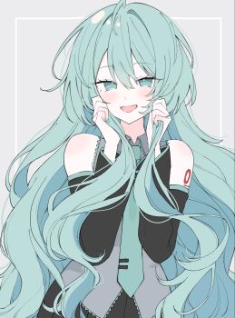 1girl :d antenna_hair aqua_eyes aqua_hair aqua_nails aqua_necktie aqua_trim bare_shoulders black_skirt black_sleeves blush border breasts collared_shirt commentary detached_sleeves dot_nose double-parted_bangs grey_background grey_shirt hair_between_eyes hair_down hands_on_own_face hatsune_miku highres holding_own_hair long_hair long_sidelocks looking_at_viewer necktie no_pupils number_tattoo open_mouth outside_border pleated_skirt raised_eyebrows shirt shoulder_blush shoulder_tattoo sidelocks simple_background skirt sleeveless sleeveless_shirt small_breasts smile solo tattoo tie_clip tori_(tori_nankotsu96) upper_body very_long_hair very_long_sidelocks vocaloid wavy_hair white_border