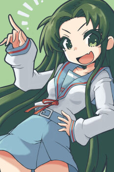 Rule 34 | 1girl, blue sailor collar, blue skirt, collarbone, commentary, emphasis lines, fang, green background, green eyes, green hair, hand on own hip, highres, kita high school uniform, long hair, neck ribbon, open mouth, pointing, red ribbon, ribbon, sailor collar, school uniform, shirt, simple background, skin fang, skirt, solo, suzumiya haruhi no yuuutsu, tsuda takashi, tsuruya, white shirt