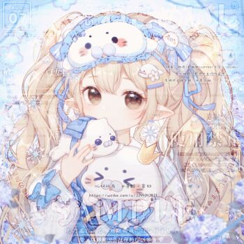 1girl animal animated animated_gif blinking blonde_hair blue_background blue_bow blue_ribbon boqing_xiao_guafu bow brown_eyes bubble chewing chinese_commentary closed_mouth collared_shirt commentary_request commission earrings eyelashes hair_bow hair_ornament hair_ribbon hairclip happy holding holding_animal jacket jewelry light_blush lips long_hair long_sleeves mask mask_on_head original pink_lips pointy_ears puffy_long_sleeves puffy_sleeves ribbon sample_watermark seal_hair_ornament seal_mask shirt sleep_mask sleeve_bow smile snowflake_earrings snowflake_hair_ornament solo striped_bow sweater_jacket tareme too_many_watermarks trembling twintails upper_body very_long_hair watermark wavy_hair white_jacket white_mask white_shirt