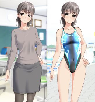 1girl absurdres black_one-piece_swimsuit blue_one-piece_swimsuit breasts brown_eyes brown_hair classroom closed_mouth clothes_writing commentary_request competition_swimsuit covered_navel highleg highleg_one-piece_swimsuit highres indoors jewelry looking_at_viewer mature_female multicolored_swimsuit necklace one-piece_swimsuit original outdoors paid_reward_available pantyhose ponytail pool smile solo sweater swimsuit takafumi teacher