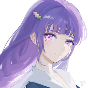 1girl alternate_costume artist_name bear_minstrel blunt_bangs braid breasts cleavage closed_mouth collarbone commentary dango dated english_commentary food genshin_impact gradient_hair hair_ornament hairclip head_tilt highres holding holding_sword holding_weapon katana large_breasts leaning_to_the_side long_braid long_sleeves looking_at_viewer looking_up mole mole_under_eye multicolored_hair purple_eyes purple_hair raiden_shogun school_uniform shade single_braid skirt solo streaked_hair sword upper_body wagashi weapon white_background