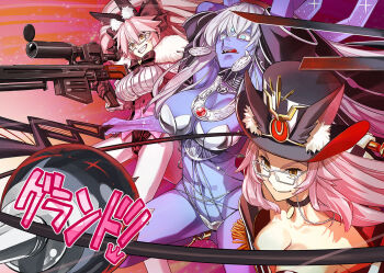 3girls animal_ear_fluff animal_ears armor arms_up bare_shoulders belly_chain bikini_armor black_bow black_gloves black_hat blue_eyes blue_skin bow bracelet breasts choker cleavage cloak coat collared_shirt colored_skin corset dress_shirt earrings epaulettes extra_arms fate/grand_order fate_(series) fox_ears fox_girl fur-trimmed_cloak fur_trim glasses gloves grin gun hair_between_eyes hair_bow hair_ribbon hat jewelry kali_(fate) koyanskaya_(assassin)_(second_ascension)_(fate) koyanskaya_(fate) koyanskaya_(foreigner)_(second_ascension)_(fate) large_breasts licking_lips long_hair long_sleeves multiple_girls navel neck_ring necklace off_shoulder pantyhose pink_hair polearm rabbit_ears red_coat ribbon rifle sash shirt sidelocks smile sniper_rifle sword takenoko_seijin thighs third_eye thumb_ring tongue tongue_out top_hat twintails underbust very_long_hair weapon whip white_cloak white_hair white_pantyhose white_shirt wide_sleeves yellow_eyes