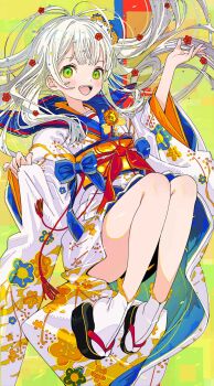 1girl commentary_request floral_print floral_print_kimono gradient_eyes highres japanese_clothes kawamitsu kimono long_hair multicolored_eyes obi okobo original platform_sandals print_kimono sailor_collar sandals sash short_kimono solo tabi thighs white_hair