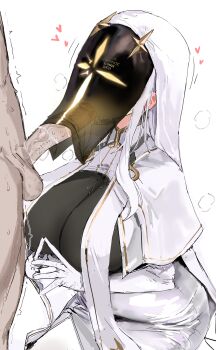 1boy 1girl absurdres black_veil breasts clothed_female_nude_male covered_face cum cum_in_mouth cumdrip fellatio gloves goddess_of_victory:_nikke heart hetero highres kneeling large_breasts long_hair nude nun nun_headdress oral penis uncensored uun_(uundayo) v.t.c._priestess_(nikke) veil veil_over_eyes white_background white_gloves white_hair