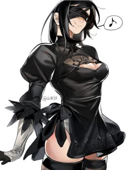Rule 34 | 1girl, 2b (nier:automata), 2b (nier:automata) (cosplay), 4k1030, black dress, black hair, black thighhighs, blindfold, breasts, cleavage, cleavage cutout, closed mouth, clothing cutout, commentary, cosplay, cowboy shot, dress, feather-trimmed sleeves, final fantasy, final fantasy vii, final fantasy vii: ever crisis, highres, juliet sleeves, leotard, leotard under clothes, long sleeves, medium breasts, musical note, nier:automata, nier (series), official alternate costume, puffy sleeves, skindentation, smile, solo, spoken musical note, symbol-only commentary, thighhighs, thighs, tifa lockhart, tifa lockhart (battler ensemble), turtleneck, turtleneck dress, twitter username, white background