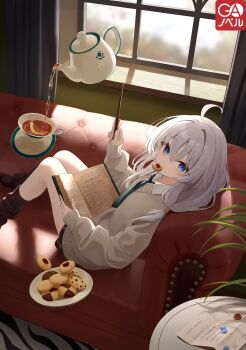 1girl absurdres ahoge azuuru blue_eyes brown_skirt brown_socks collared_shirt commentary_request cookie couch cover cover_image cup elaina_(majo_no_tabitabi) food food_in_mouth green_necktie grey_hair hair_between_eyes highres holding holding_wand indoors long_hair long_sleeves looking_at_viewer majo_no_tabitabi necktie novel_illustration official_art on_couch plate school_uniform shirt sitting skirt socks solo sweater teacup teapot wand window