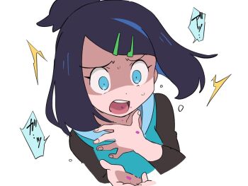 1girl ^^^ aqua_vest black_hair black_shirt blue_eyes commentary_request cropped_torso eyelashes fingernails hair_ornament hairclip hands_up hitsugi_mc liko_(pokemon) nintendo open_mouth pokemon pokemon_(anime) pokemon_horizons raised_inner_eyebrows shirt solo speech_bubble sweat teeth tongue translation_request upper_body upper_teeth_only vest white_background