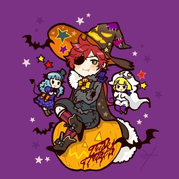 1boy 2girls alternate_costume bad_id bad_pixiv_id blonde_hair blue_hair blush_stickers charles_perrault_(grimms_notes) chibi cinderella_(grimms_notes) closed_mouth crossed_arms eyepatch full_body ghost_costume grimms_notes halloween hat highres long_hair low_ponytail misoshiru_umai4 multiple_girls one_eye_covered ponytail pumpkin purple_background red_hair red_riding_hood_(grimms_notes) sitting smile star_(symbol) witch_hat