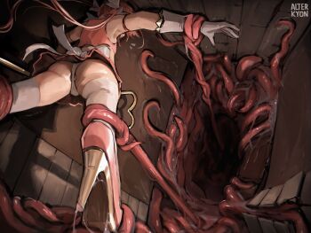 1boy alterkyon butt_plug crossdressing crossdressing_(mtf) gloves hair_ornament high_heels highres indoors long_hair magical_boy mimic original panties pink_hair saliva sex_toy skirt tadakuni_(alterkyon) tentacles thighhighs trap underwear white_gloves