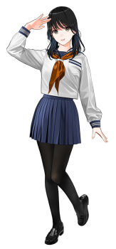 Rule 34 | 1girl, black hair, black pantyhose, black shoes, blue sailor collar, blue skirt, commentary request, full body, loafers, long sleeves, looking at viewer, mibu natsuki, neckerchief, orange neckerchief, original, pantyhose, sailor collar, school uniform, serafuku, shoes, simple background, skirt, solo, standing, white background, winter uniform