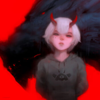 1girl alex_chow arms_behind_back commentary dragon dragon_horns grey_hoodie half-closed_eyes hood hood_down hoodie horns long_sleeves looking_at_viewer original parted_lips print_hoodie red_background red_horns short_hair signature simple_background solo standing straight-on upper_body white_hair