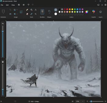 1other art_program_in_frame bare_tree christian_young cloak cloud cloudy_sky creature forest from_behind full_body giant grey_sky holding holding_staff hood hood_up hooded_cloak horns loincloth looking_at_another microsoft_paint_(medium) microsoft_paint_(software) nature original outdoors scenery screencap size_difference sky snow snowing staff tree yeti_(creature)