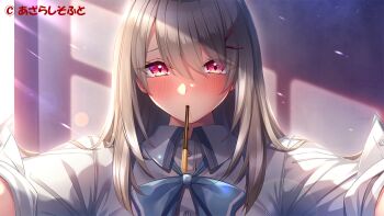 1girl anesaki_amane blue_bow blue_bowtie bow bowtie brown_hair collared_shirt copyright_notice eyes_visible_through_hair food food_in_mouth hair_between_eyes hair_ornament hairclip kakao_(chocolate_land) long_hair looking_at_viewer official_art pocky pocky_in_mouth red_eyes school_uniform shirt solo toshiue_kanojo white_shirt wing_collar