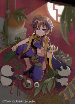 1girl abs black_shoes brown_hair character_name closed_mouth copyright_notice highres holding holding_leaf kei_s01 leaf looking_at_viewer medium_hair multicolored_hair official_art panda pants purple_eyes purple_hair purple_pants purple_shirt shirt shoes smile solo streaked_hair wixoss