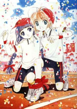 1990s_(style) 2girls cardcaptor_sakura clamp confetti daidouji_tomoyo kinomoto_sakura multiple_girls retro_artstyle running_track three-legged_race