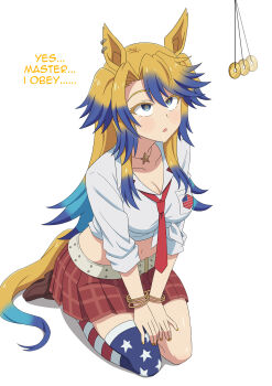 1girl absurdres american_flag_legwear animal_ears blonde_hair blue_hair breasts cleavage deepwater empty_eyes english_text highres horse_ears horse_girl hypnosis jewelry long_hair mind_control multicolored_hair multicolored_thighhighs necklace obey_your_master_(umamusume) red_skirt shirt skirt smile solo star-shaped_pupils star_(symbol) star_necklace symbol-shaped_pupils two-tone_hair umamusume umamusume:_cinderella_gray white_shirt