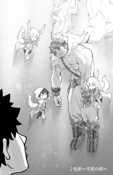 2boys 4girls abs anger_vein artemis_(fate) black_hair boots comic fate/grand_order fate_(series) fujimaru_ritsuka_(male) gameplay_mechanics head_wings highres hildr_(fate) hirunagi hood multiple_boys multiple_girls ortlinde_(fate) super_orion_(fate) thrud_(fate) valkyrie_(fate) wings