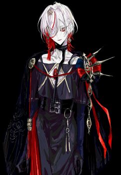 1boy black_background blue_eyes chest_jewel cowboy_shot earrings eyeshadow eyeshadow_under_eye fate/grand_order fate_(series) hair_ornament highres jewelry karna_(fate) karna_(celebratory_attire)_(fate) looking_at_viewer makeup male_focus medium_hair multicolored_hair multiple_earrings ngg_n pale_skin red_eyeshadow red_hair simple_background smile solo two-tone_hair white_hair