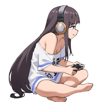 1girl azur_lane blue_eyes breasts brown_hair cleavage closed_mouth commentary controller english_commentary game_controller headphones highres long_hair long_island_(azur_lane) looking_ahead on_floor parallelrey playing_games shirt sidelocks simple_background sitting small_breasts solo white_background white_shirt
