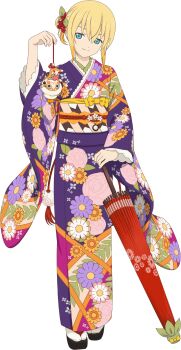 Rule 34 | 1girl, artist request, black sandals, blonde hair, blue eyes, closed mouth, closed umbrella, edna (tales), floral print, floral print kimono, full body, game cg, hair ornament, highres, holding, holding umbrella, japanese clothes, kimono, looking at viewer, medium hair, normin (tales), official alternate costume, official art, phoenix (tales), print kimono, purple kimono, red umbrella, sandals, smile, smug, solo, tales of (series), tales of asteria, tales of zestiria, third-party source, transparent background, umbrella