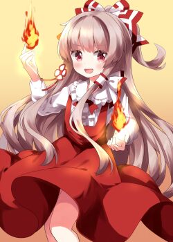 1girl :d alternate_costume blush bow brown_hair commentary_request cowboy_shot dress fire floating_hair frilled_shirt_collar frills fujiwara_no_mokou hair_bow hair_ornament hair_tubes hands_up highres long_hair long_sleeves looking_at_viewer magic open_mouth pinafore_dress pyrokinesis red_bow red_dress red_eyes ruu_(tksymkw) shirt sidelocks single_hair_tube sleeveless sleeveless_dress smile solo standing touhou white_bow white_shirt yellow_background