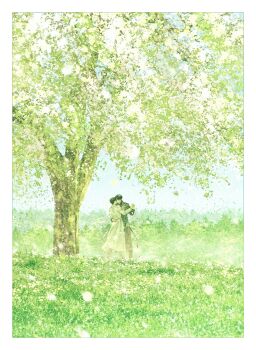 Rule 34 | absurdres, arm around waist, bellta (kimbellta), black coat, black hair, border, coat, commentary, dancing, day, falling petals, full body, green theme, highres, hill, holding hands, kim dokja, omniscient reader's viewpoint, open clothes, open coat, outdoors, petals, popped collar, short hair, standing, symbol-only commentary, tree, white border, white coat, wide shot, yoo joonghyuk