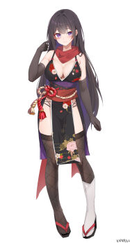 1girl black_dress black_gloves black_thighhighs breasts commentary_request dress elbow_gloves gloves grey_hair highres large_breasts long_hair mask original pelvic_curtain purple_eyes sandals scarf skindentation solo standing thighhighs very_long_hair xnnagu