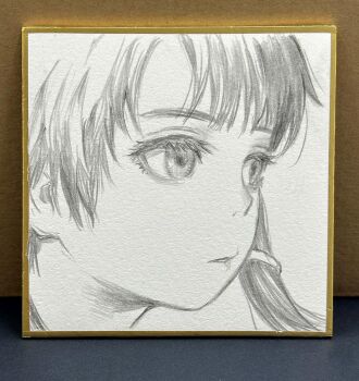 1girl close-up commentary_request graphite_(medium) greyscale iwakura_lain monochrome murata_range photo_(medium) serial_experiments_lain shikishi single_sidelock solo traditional_media