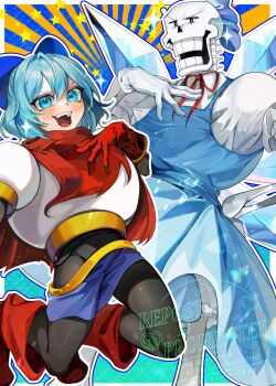 blue_dress blue_hair bone bow cirno cirno_(cosplay) cosplay costume_switch crossover dress fairy_wings hair_bow highres ice ice_wings papyrus_(undertale) papyrus_(undertale)_(cosplay) pinafore_dress skeleton sleeveless sleeveless_dress touhou undertale utdr_(toby_fox) watermark wings yahedanian