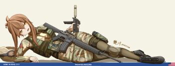 1girl absurdres american_flag assault_rifle black_boots boots brown_hair camouflage dated gun helmet highres holster inazuma_(kancolle) iraq_war kantai_collection knee_pads lace-up_boots load_bearing_vest looking_at_viewer lying m16 miliki military_combat_uniform military_uniform on_side open_mouth rifle solo teeth thigh_holster united_states_marine_corps unworn_headwear unworn_helmet upper_teeth_only weapon