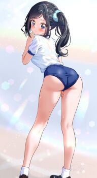 1girl ass black_hair blue_buruma blue_eyes blush breasts buruma commentary_request day full_body gym_shirt gym_uniform healin'_good_precure highres kakikakilemon long_hair looking_at_viewer outdoors ponytail precure sand sawaizumi_chiyu scrunchie shirt short_sleeves signature solo split_ponytail white_shirt