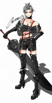 1girl bare_shoulders black_boots black_choker black_gloves black_shorts black_thighhighs boots choker crazy02oekaki crop_top final_fantasy final_fantasy_x final_fantasy_x-2 full_body furrowed_brow garter_straps gloves grey_hair highres holding holding_sword holding_weapon jewelry leather leather_boots leather_gloves leather_shirt leather_shorts necklace paine_(ff10) parted_bangs red_eyes short_hair shorts signature skull_belt solo sword thighhighs weapon white_background