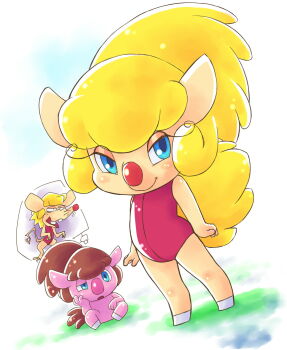 1boy 1girl andersen_monogatari animal animal_ears barefoot blonde_hair blue_eyes blush brown_hair buck_teeth canty_(andersen_monogatari) clown_nose confused furry head_rest highres hooves leotard loli long_hair looking_at_viewer mouse_(animal) mouse_ears mouse_tail open_mouth pig pig_ears pig_girl ponytail raised_eyebrow red_leotard sitting smile speech_bubble standing tail teeth thought_bubble whiskers white_background yamanokonza zukko_(andersen_monogatari)