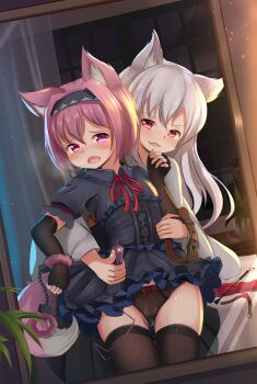 2girls absurdres animal_ears ball_gag black_dress black_legwear black_panties blush bow bow_panties collar controller cowboy_shot cuffs curtains dress dutch_angle elbow_gloves covered_erect_nipples fang female_focus femdom fingerless_gloves flat_chest fox_ears fox_tail fuzzy_handcuffs gag gloves hand_up handcuffs headband highres holding hotel01 long_hair matching_hair/eyes multiple_girls open_mouth original panties pink_eyes pink_hair pussy_juice red_eyes red_neckwear red_ribbon remote_control remote_control_vibrator ribbon riding_crop rope saliva sex_toy short_hair short_sleeves skindentation smile standing tail teeth thighhighs underwear upskirt vibrator vibrator_cord whip white_hair window yuri