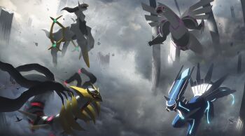 absurdres arceus asteroid_ill bad_id bad_twitter_id cloud crumbling debris dialga dragapult flying fog gen_2_pokemon gen_4_pokemon gen_5_pokemon gen_8_pokemon giratina giratina_(origin) highres legendary_pokemon light_rays mythical_pokemon neon_trim nintendo no_humans palkia pillar pokemon pokemon_(creature) red_eyes scenery sigilyph silhouette size_difference skarmory xatu