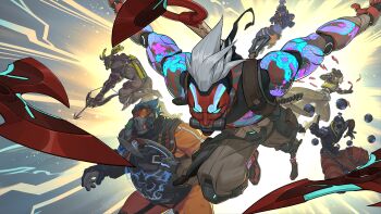 2girls 4boys arrow_(projectile) blue_hair bow_(weapon) cyborg fighting firing genji_(overwatch) gloves gun hanzo_(overwatch) highres hook japanese_clothes kiriko_(overwatch) mask multiple_boys multiple_girls official_alternate_costume official_art ofuda omnic overwatch overwatch_2 rifle roadhog_(overwatch) robot sheath sheathed shuriken sniper sniper_rifle sword weapon white_hair zenyatta_(overwatch)