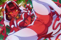 Rule 34 | 1girl, ass, belt, bow, box, breasts, candy, colored skin, demon girl, demon tail, fang, food, freckles, gift, gift box, hand up, highres, holding, holding candy, holding food, hood, hood up, horns, jewelry, large breasts, long hair, looking at viewer, meruccubus (merunyaa), merunyaa, mole, mole under eye, nail polish, navel, orange eyes, original, pointy ears, pussy, red bow, red skin, ring, sex toy, shiny skin, skin-covered horns, skindentation, smile, solo, spread legs, tail, teeth, thighhighs, tongue, tongue out, trembling, upper teeth only, vibrator, white thighhighs