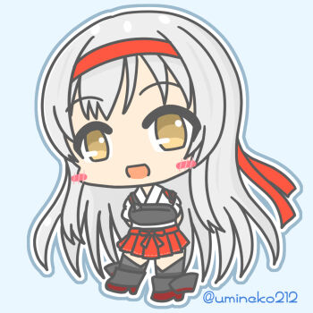1girl arms_behind_back blue_background chibi commentary_request full_body hairband kantai_collection looking_at_viewer muneate one-hour_drawing_challenge ribbon shoukaku_(kancolle) signature skirt smile umineko212 white_hair yellow_eyes